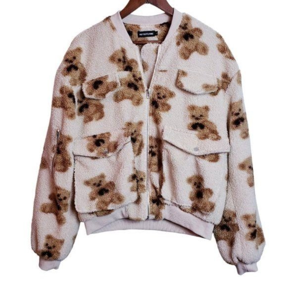 PrettyLittleThing Jackets & Blazers - Pretty Little Thing Womens Sherpa Bomber Jacket Large Beige Coat Full Zip